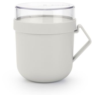   Brabantia Make & Take Soup Mug leveses bögre levesfeltét tároló fedővel, mikrózható, műanyag, 0,6L, világosszürke