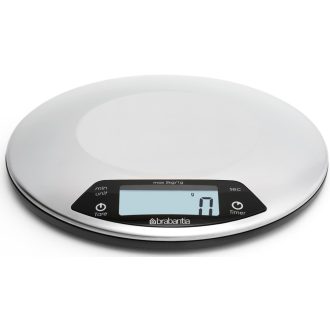   Brabantia Profile digitális konyhai mérleg időzítővel, 5kg/1gramm, megvilágított LCD kijelző, elemes, rozsdamentes, selyem