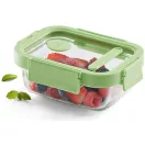 Lékué Glass Container Rectangular téglalap alakú légmentes üveg ételtároló doboz, 370ml, üveg és platina szilikon, zöld