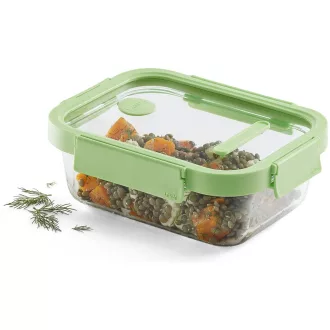  Lékué Glass Container Rectangular téglalap alakú légmentes üveg ételtároló doboz, 1,05L, üveg és platina szilikon, zöld