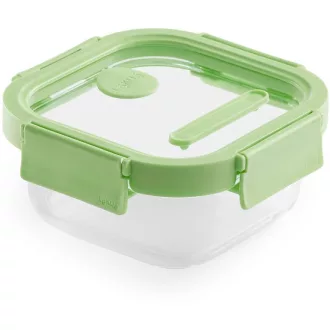   Lékué Glass Container Square négyzetes légmentes üveg ételtároló doboz, 520ml, üveg és platina szilikon, zöld