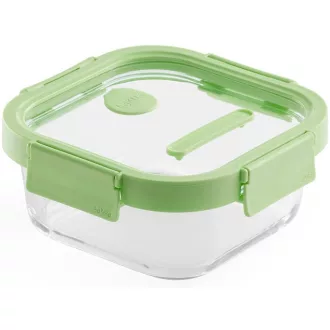   Lékué Glass Container Square négyzetes légmentes üveg ételtároló doboz, 800ml, üveg és platina szilikon, zöld