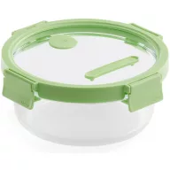 Lékué Glass Container Round kerek légmentes üveg ételtároló doboz, 950ml, üveg és platina szilikon, zöld
